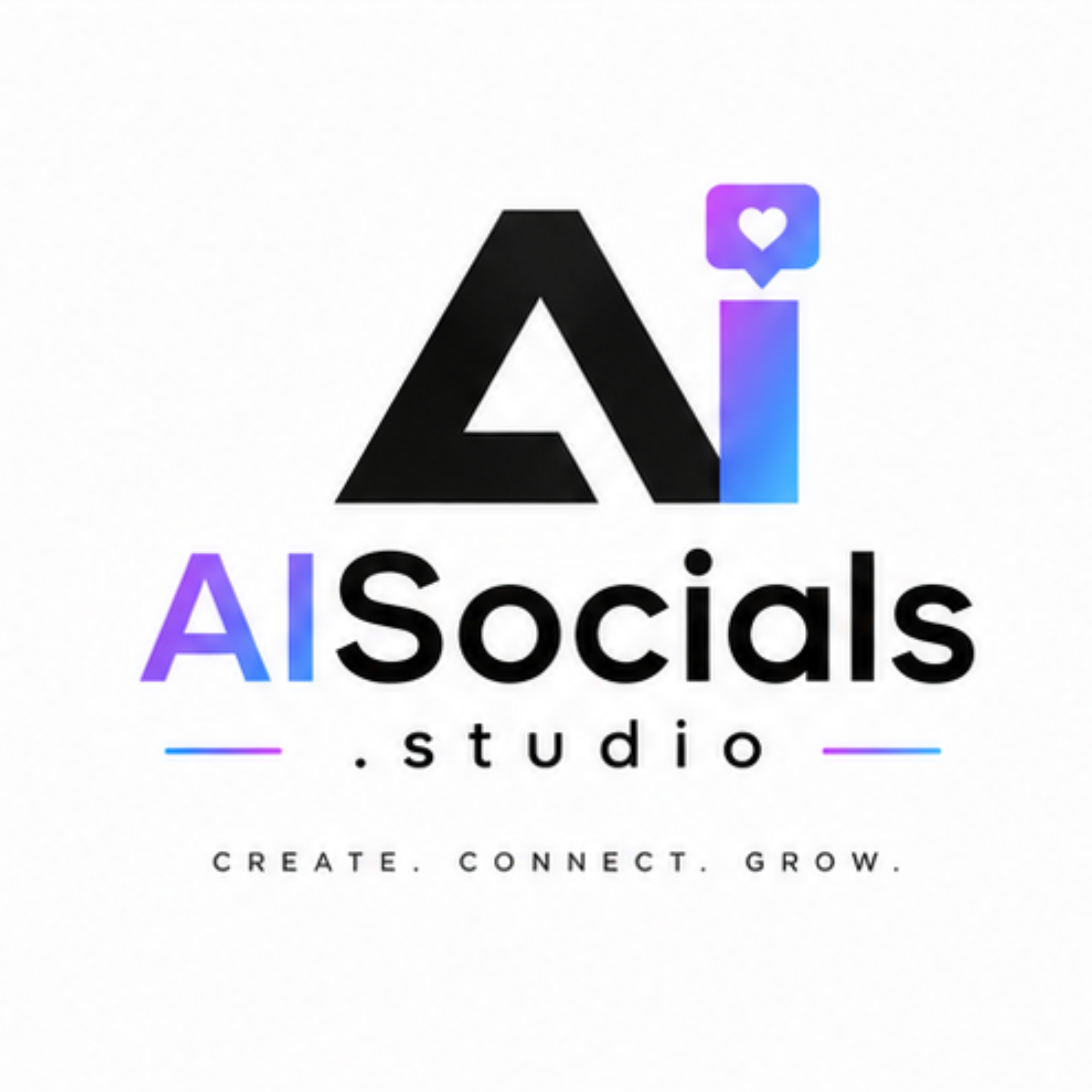 AI Socials Studio logo featuring a modern AI monogram with a social media notification icon and the tagline "Create. Connect. Grow."